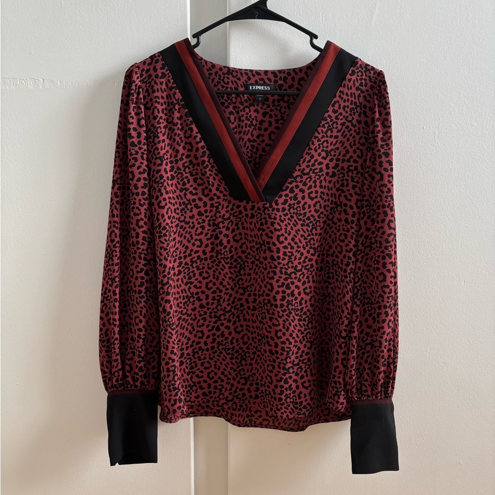 Red and Black V-Neck Animal Print Blouse